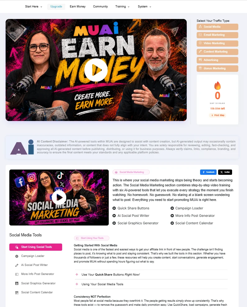 MUAI Earn Money section showing Social Media training and AI tools
