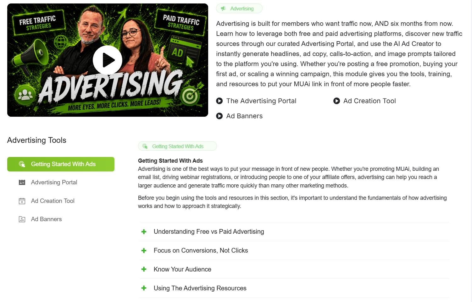 The MUAI Advertising module overview page.
