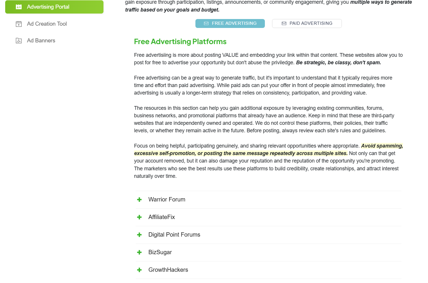 The list of free advertising platforms inside MUAI.