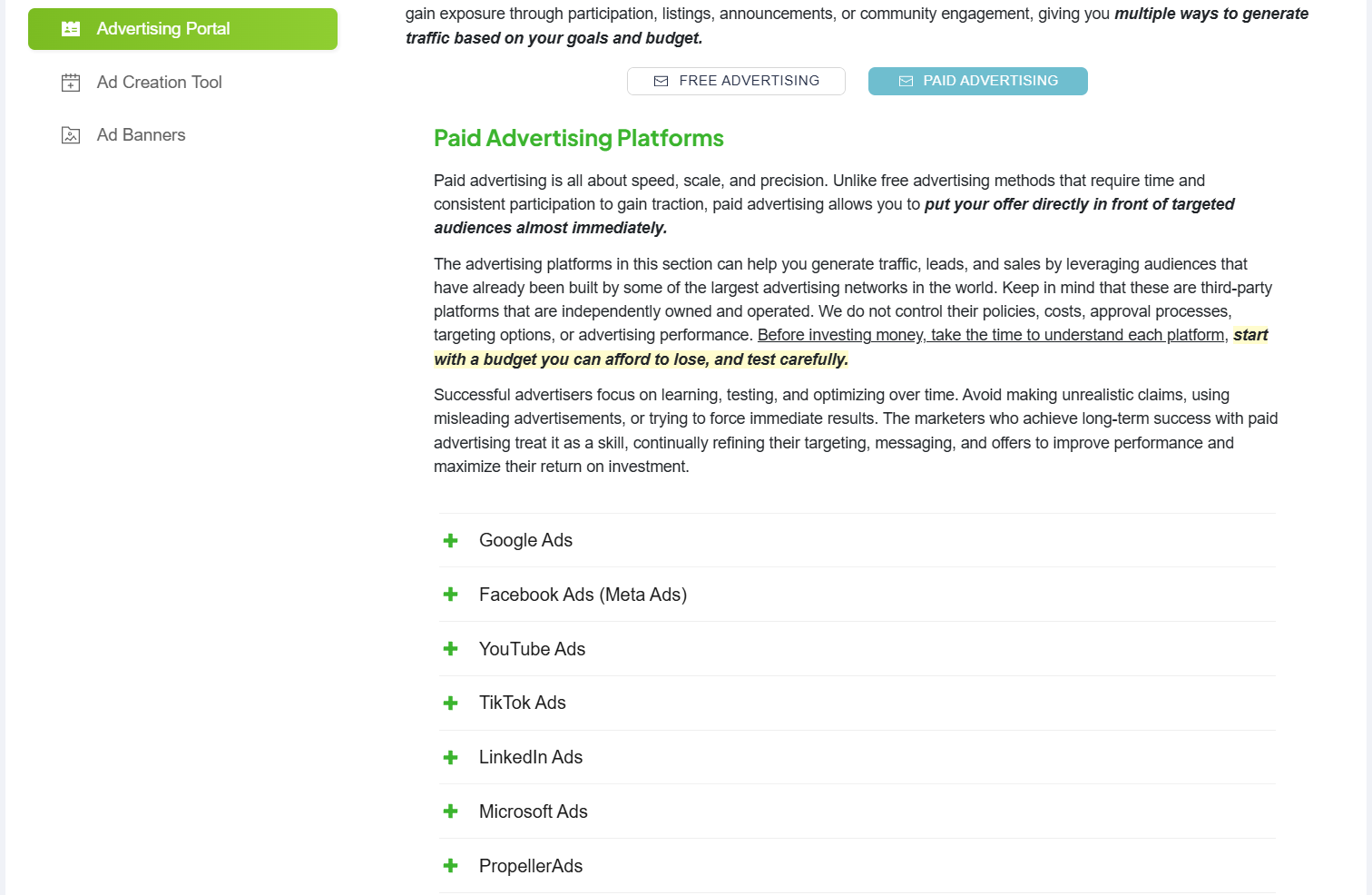 The list of paid advertising platforms inside MUAI.