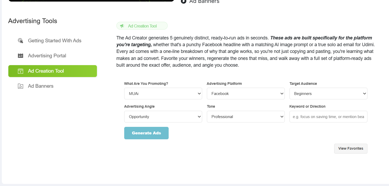 The MUAI Ad Creation Tool, set to Facebook.