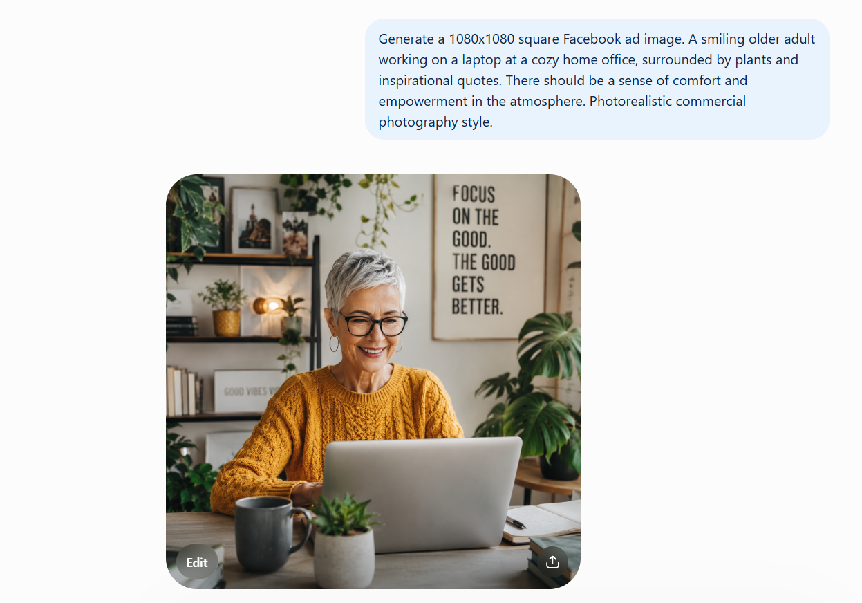 A photorealistic ad image of an older woman working on a laptop, made from the MUAI prompt.