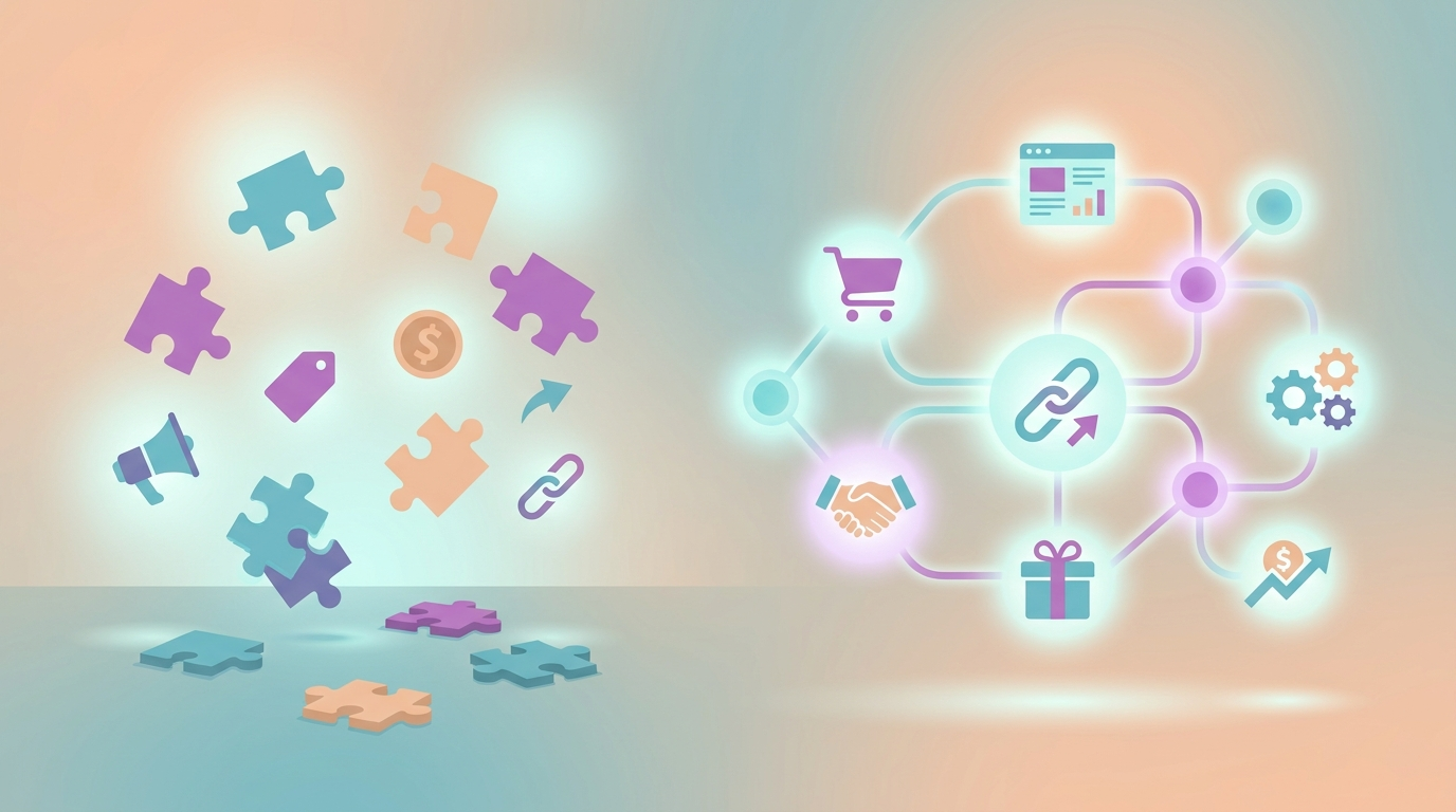 Illustration comparing scattered single affiliate offers with a connected affiliate ecosystem